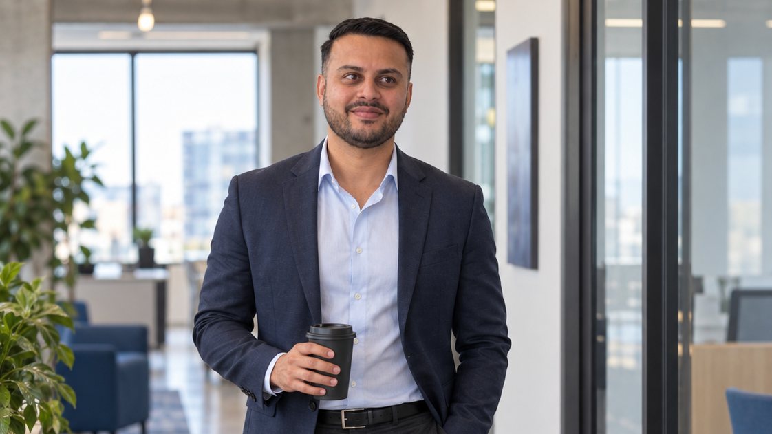 Dil Phagura walking down an office corridor with a coffee in hand.