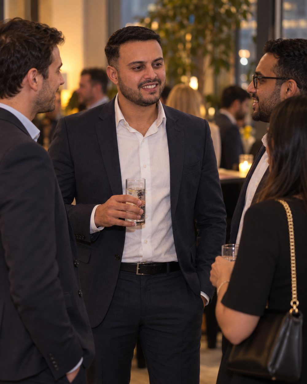 Dil Phagura talking with colleagues at an evening industry reception.