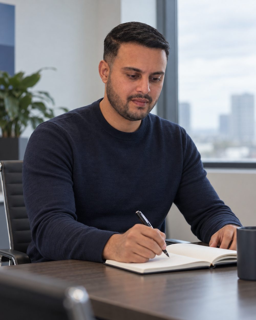 Dil Phagura writing notes in a notebook at a boardroom table.